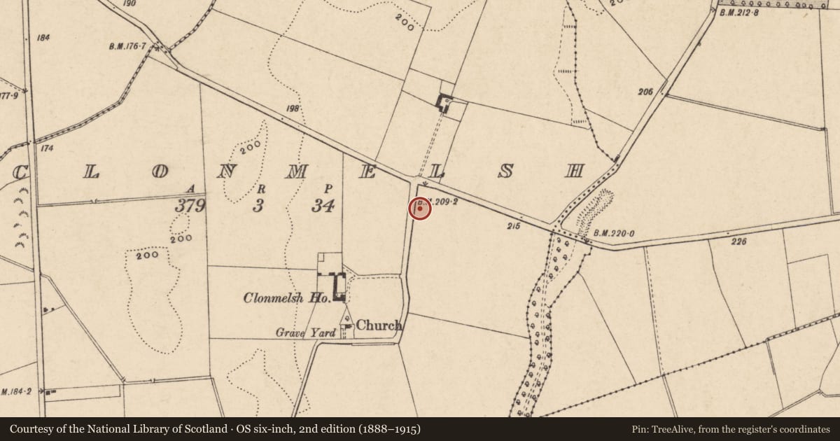 Ordnance Survey six-inch map, 2nd edition (1888–1915) covering the location of Ring-ditch, Clonmelsh, County Carlow, with a pin at the register's coordinates