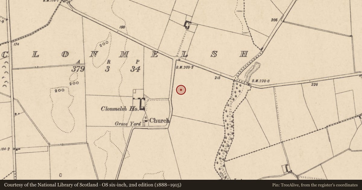 Ordnance Survey six-inch map, 2nd edition (1888–1915) covering the location of Ring-ditch, Clonmelsh, County Carlow, with a pin at the register's coordinates