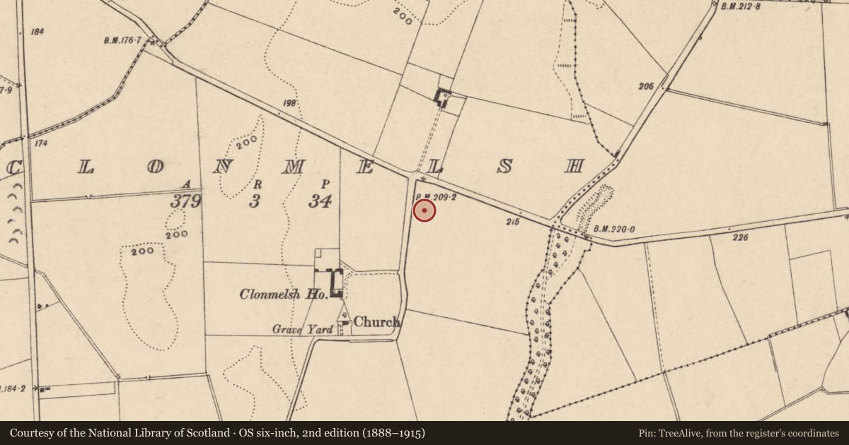 Ordnance Survey six-inch map, 2nd edition (1888–1915) covering the location of Ring-ditch, Clonmelsh, County Carlow, with a pin at the register's coordinates