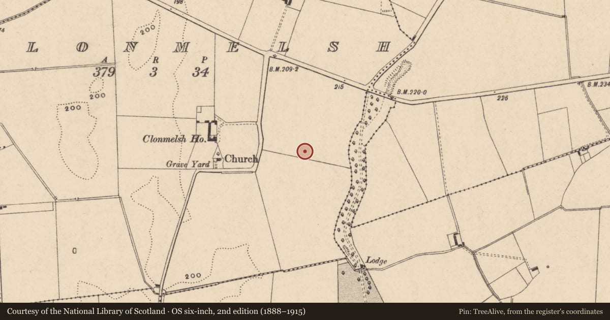 Ordnance Survey six-inch map, 2nd edition (1888–1915) covering the location of Ring-ditch, Clonmelsh, County Carlow, with a pin at the register's coordinates