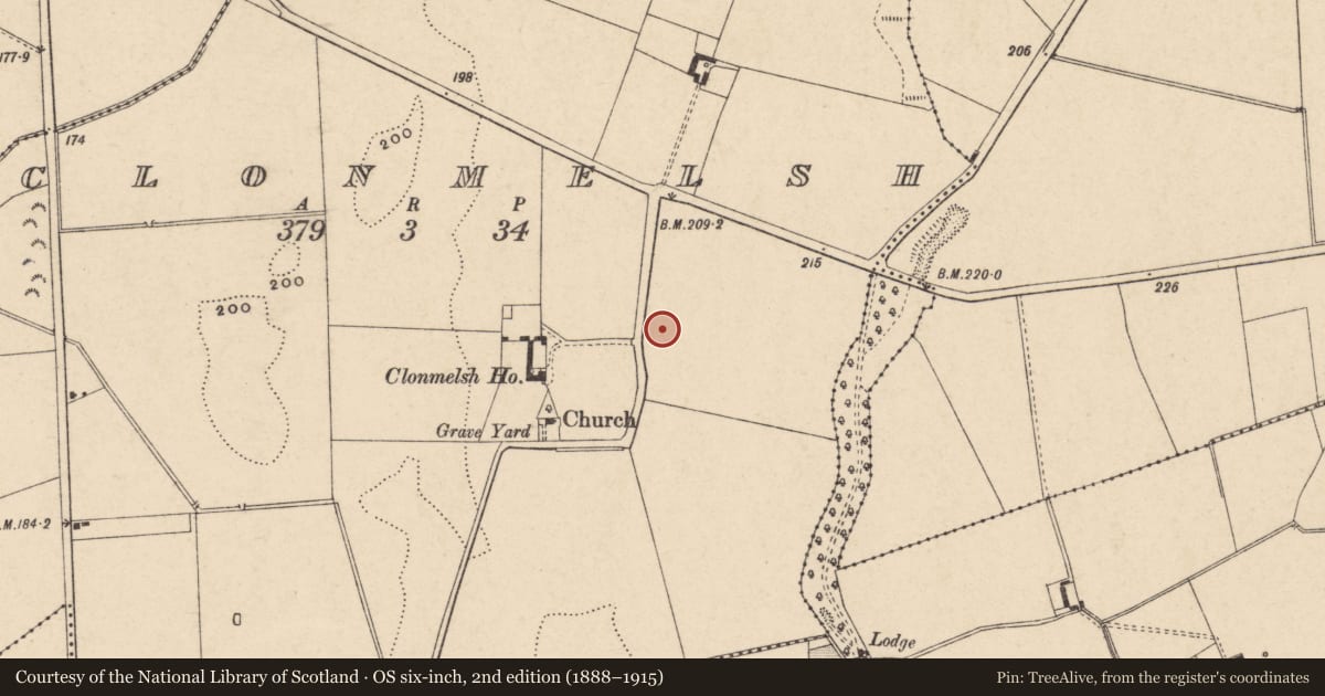 Ordnance Survey six-inch map, 2nd edition (1888–1915) covering the location of Ring-ditch, Clonmelsh, County Carlow, with a pin at the register's coordinates