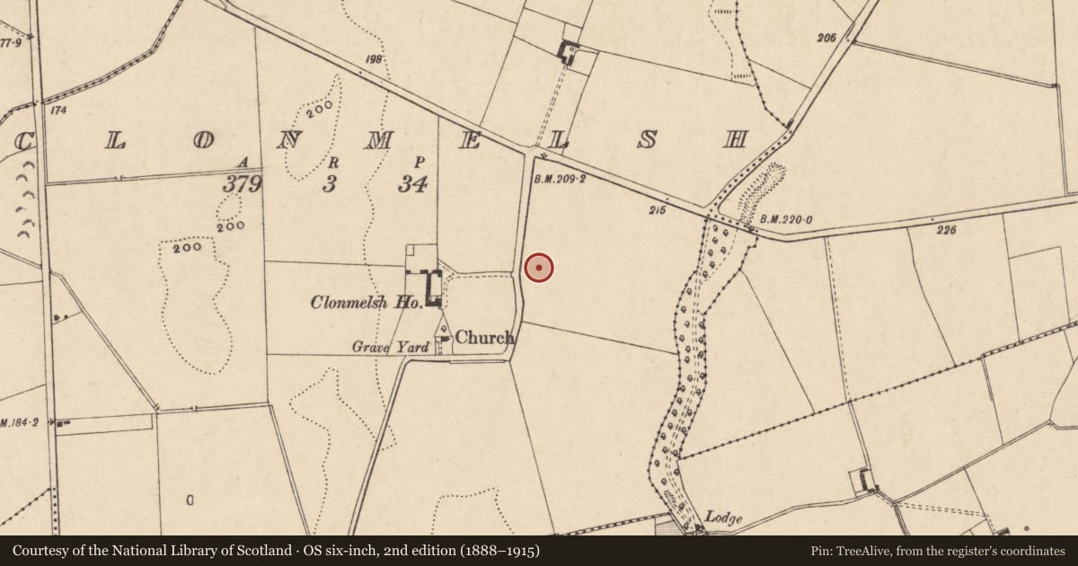 Ordnance Survey six-inch map, 2nd edition (1888–1915) covering the location of Ring-ditch, Clonmelsh, County Carlow, with a pin at the register's coordinates