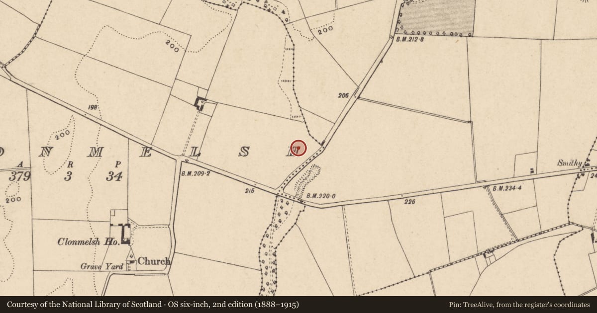 Ordnance Survey six-inch map, 2nd edition (1888–1915) covering the location of Enclosure, Clonmelsh, County Carlow, with a pin at the register's coordinates