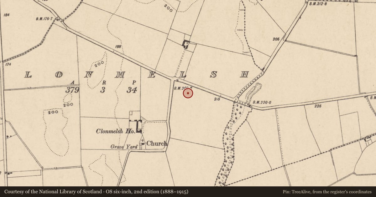 Ordnance Survey six-inch map, 2nd edition (1888–1915) covering the location of Ring-ditch, Clonmelsh, County Carlow, with a pin at the register's coordinates