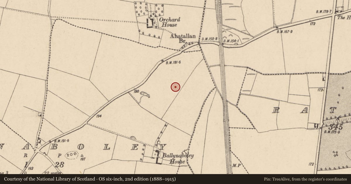 Ordnance Survey six-inch map, 2nd edition (1888–1915) covering the location of Enclosure, Ballynaboley, County Carlow, with a pin at the register's coordinates
