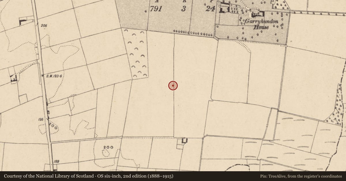 Ordnance Survey six-inch map, 2nd edition (1888–1915) covering the location of Ring-ditch, Garryhundon, County Carlow, with a pin at the register's coordinates