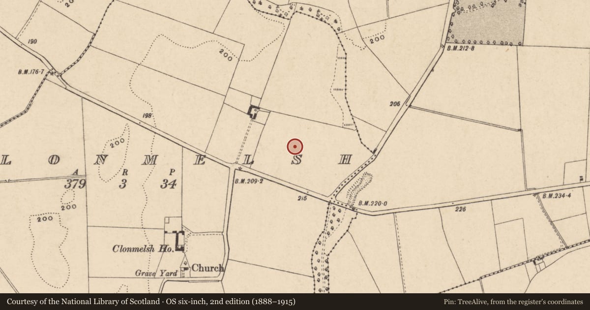 Ordnance Survey six-inch map, 2nd edition (1888–1915) covering the location of Enclosure, Clonmelsh, County Carlow, with a pin at the register's coordinates