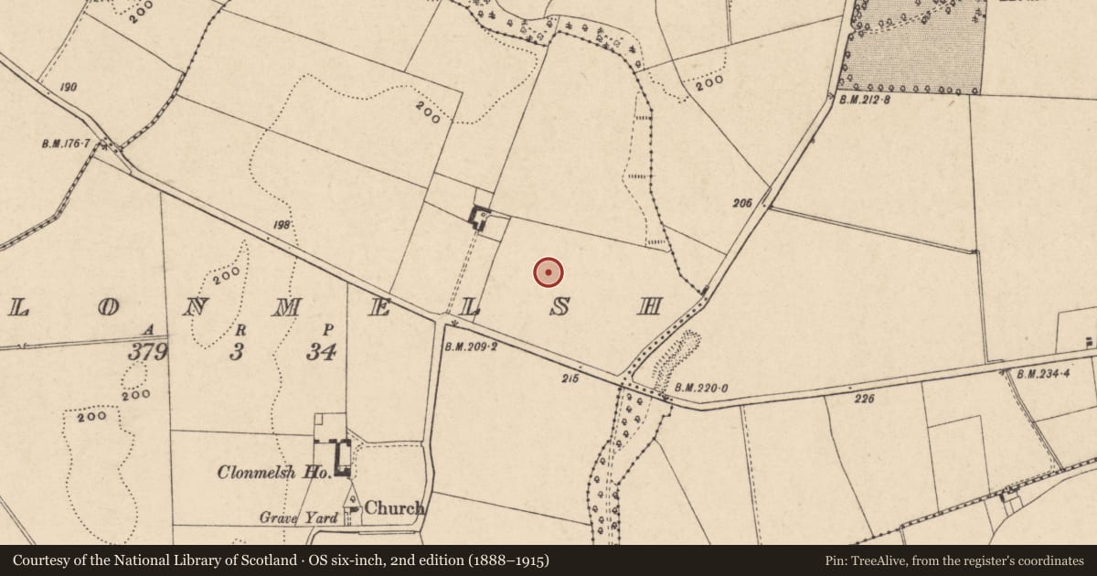 Ordnance Survey six-inch map, 2nd edition (1888–1915) covering the location of Ring-ditch, Clonmelsh, County Carlow, with a pin at the register's coordinates