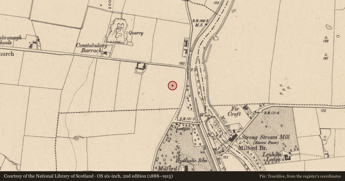 Ordnance Survey six-inch map, 2nd edition (1888–1915) covering the location of Enclosure - large enclosure, Ballinabranagh, County Carlow, with a pin at the register's coordinates