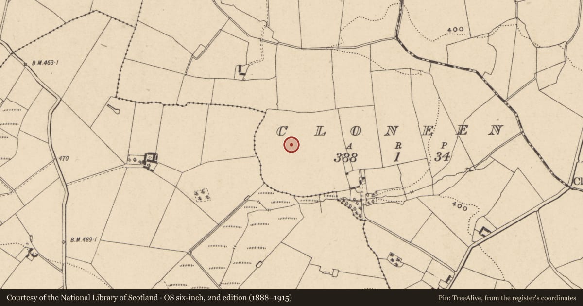Ordnance Survey six-inch map, 2nd edition (1888–1915) covering the location of Enclosure, Cloneen, County Carlow, with a pin at the register's coordinates
