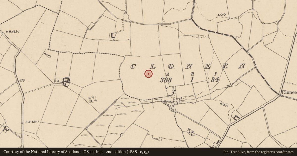 Ordnance Survey six-inch map, 2nd edition (1888–1915) covering the location of Ring-ditch, Cloneen, County Carlow, with a pin at the register's coordinates