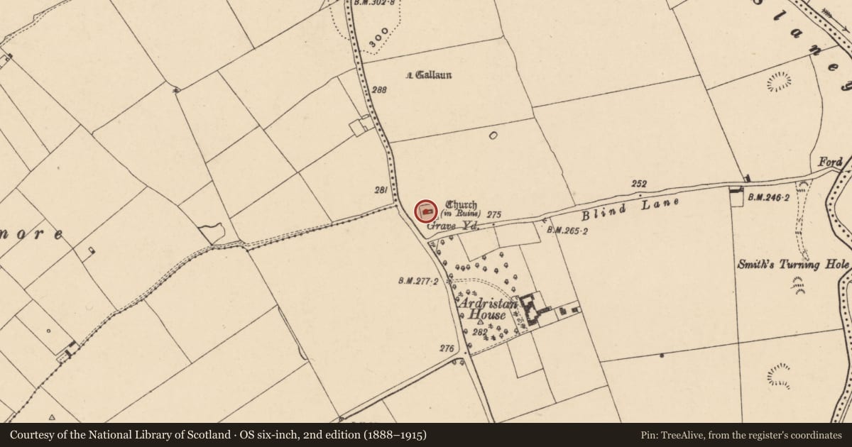 Ordnance Survey six-inch map, 2nd edition (1888–1915) covering the location of Church, Ardristan, County Carlow, with a pin at the register's coordinates