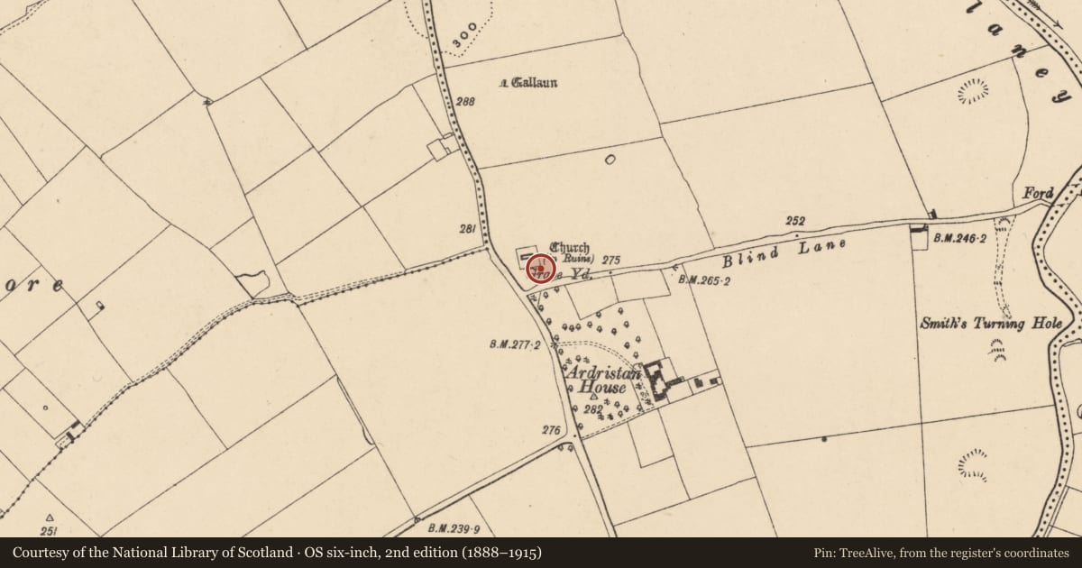 Ordnance Survey six-inch map, 2nd edition (1888–1915) covering the location of Graveyard, Ardristan, County Carlow, with a pin at the register's coordinates