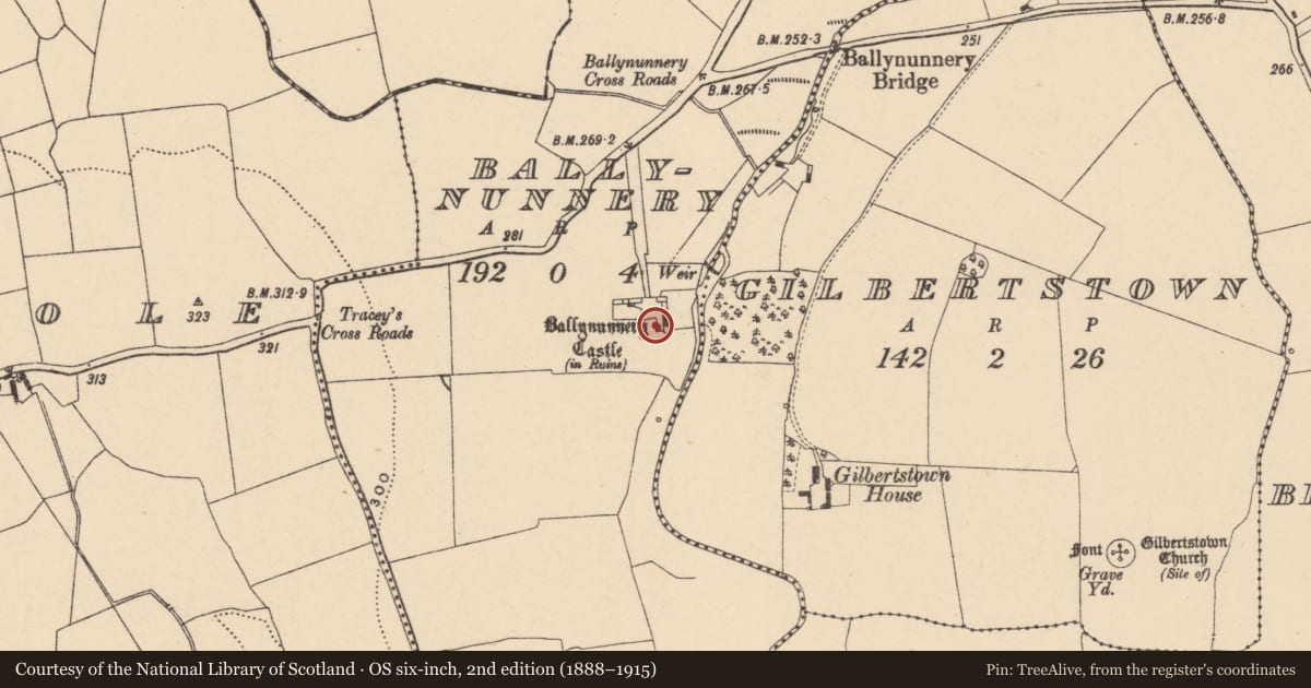 Ordnance Survey six-inch map, 2nd edition (1888–1915) covering the location of Castle - unclassified, Ballynunnery, County Carlow, with a pin at the register's coordinates