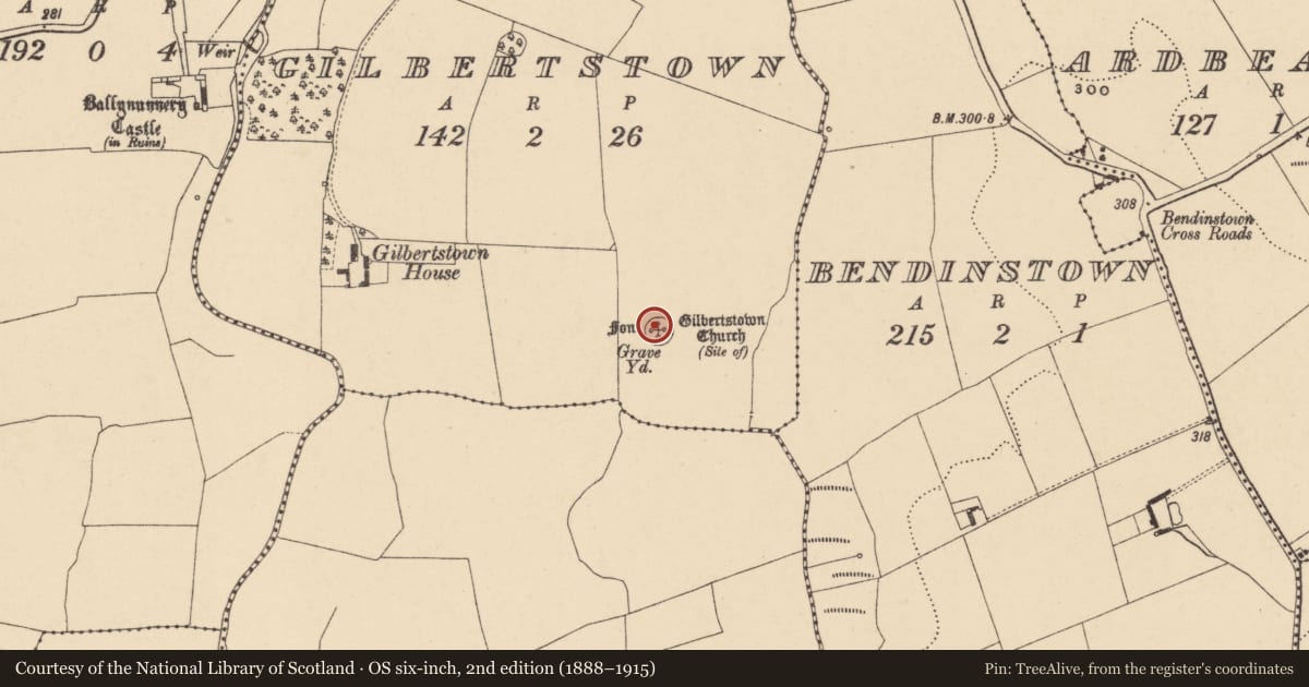 Ordnance Survey six-inch map, 2nd edition (1888–1915) covering the location of Graveyard, Gilbertstown, County Carlow, with a pin at the register's coordinates