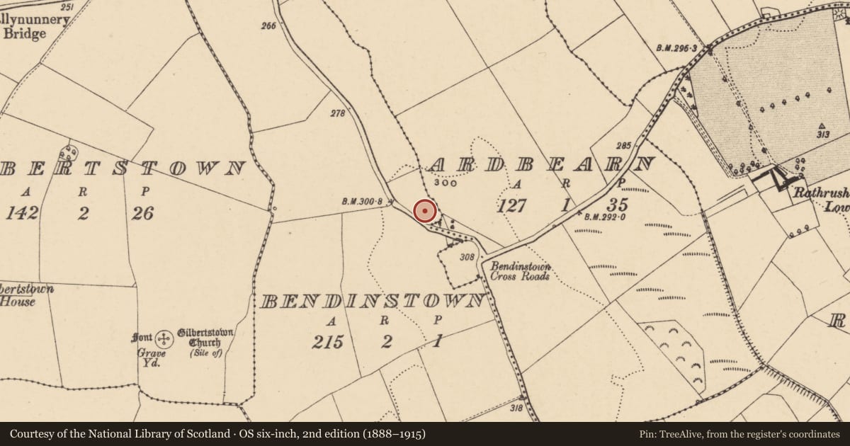 Ordnance Survey six-inch map, 2nd edition (1888–1915) covering the location of Enclosure, Bendinstown, County Carlow, with a pin at the register's coordinates