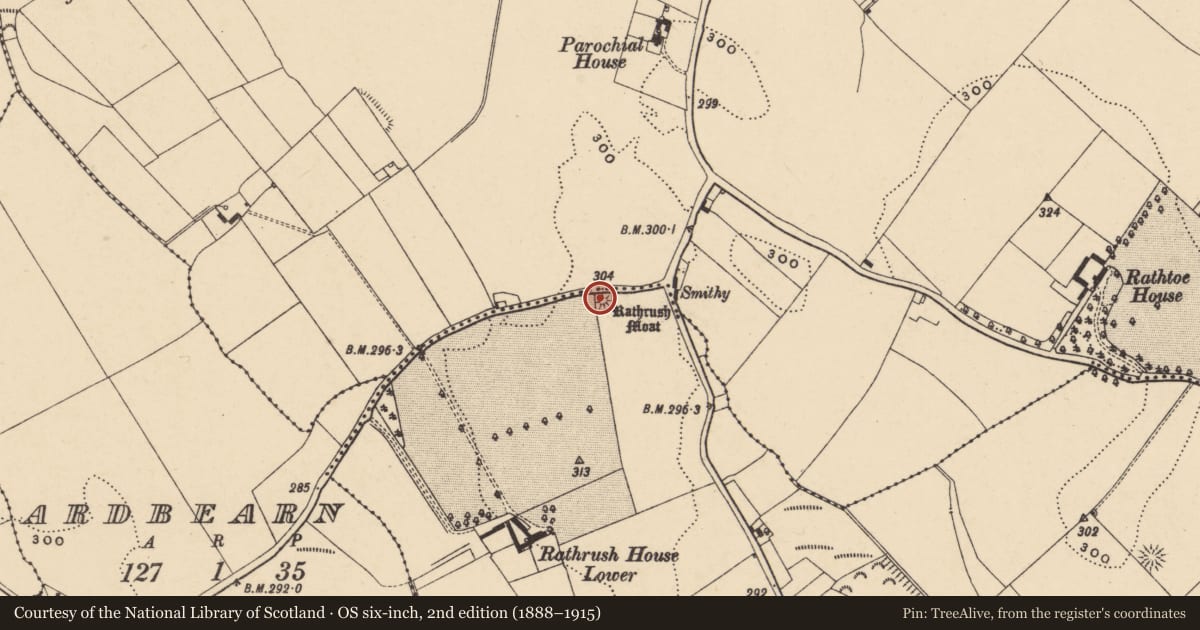 Ordnance Survey six-inch map, 2nd edition (1888–1915) covering the location of Barrow - mound barrow, Rathrush, County Carlow, with a pin at the register's coordinates