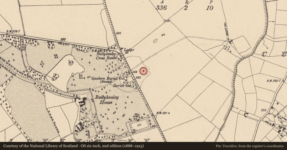 Ordnance Survey six-inch map, 2nd edition (1888–1915) covering the location of Ringfort - rath, Ballinadrum, County Carlow, with a pin at the register's coordinates