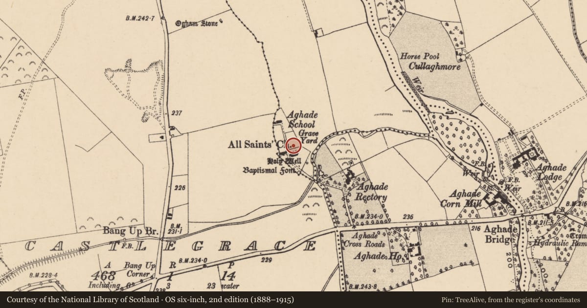 Ordnance Survey six-inch map, 2nd edition (1888–1915) covering the location of Graveyard, Aghade, County Carlow, with a pin at the register's coordinates