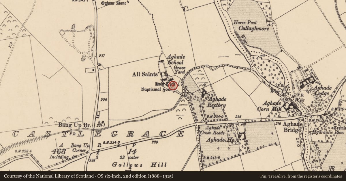 Ordnance Survey six-inch map, 2nd edition (1888–1915) covering the location of Bullaun stone, Aghade, County Carlow, with a pin at the register's coordinates