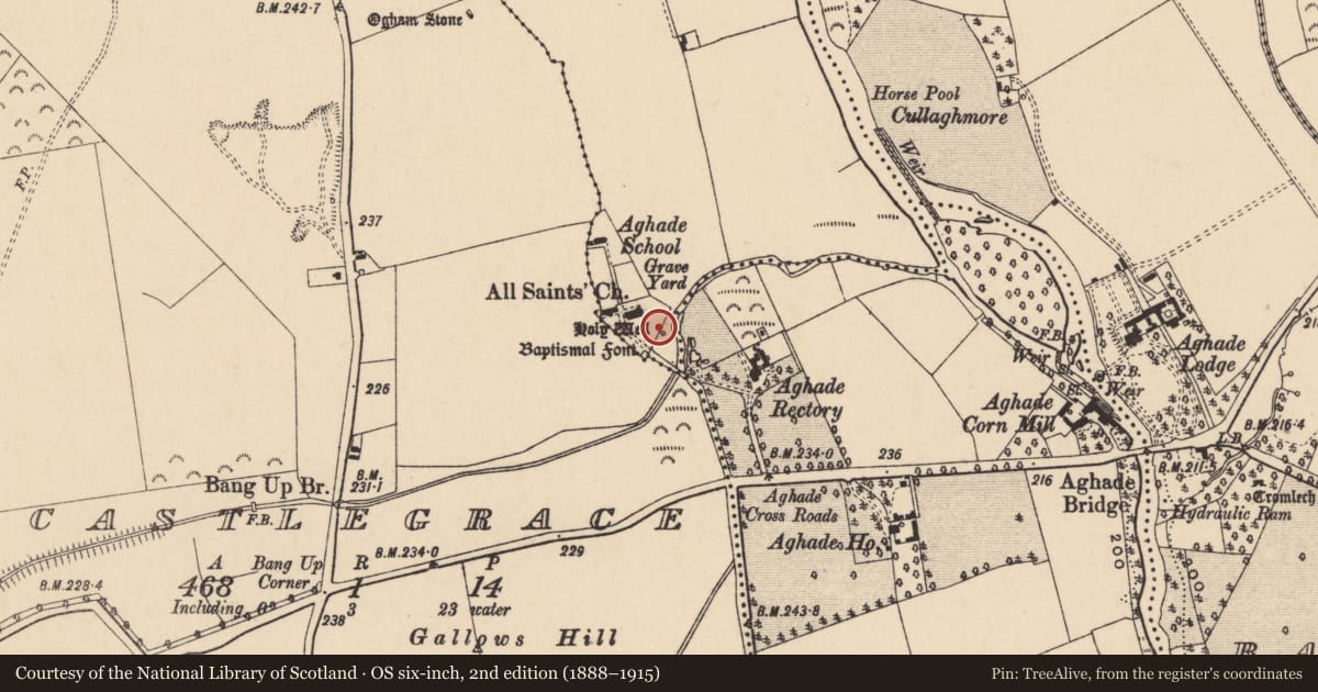 Ordnance Survey six-inch map, 2nd edition (1888–1915) covering the location of Ritual site - holy well, Aghade, County Carlow, with a pin at the register's coordinates