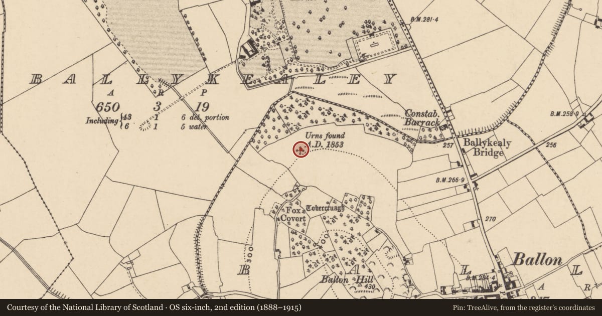 Ordnance Survey six-inch map, 2nd edition (1888–1915) covering the location of Flat cemetery, Ballon, County Carlow, with a pin at the register's coordinates
