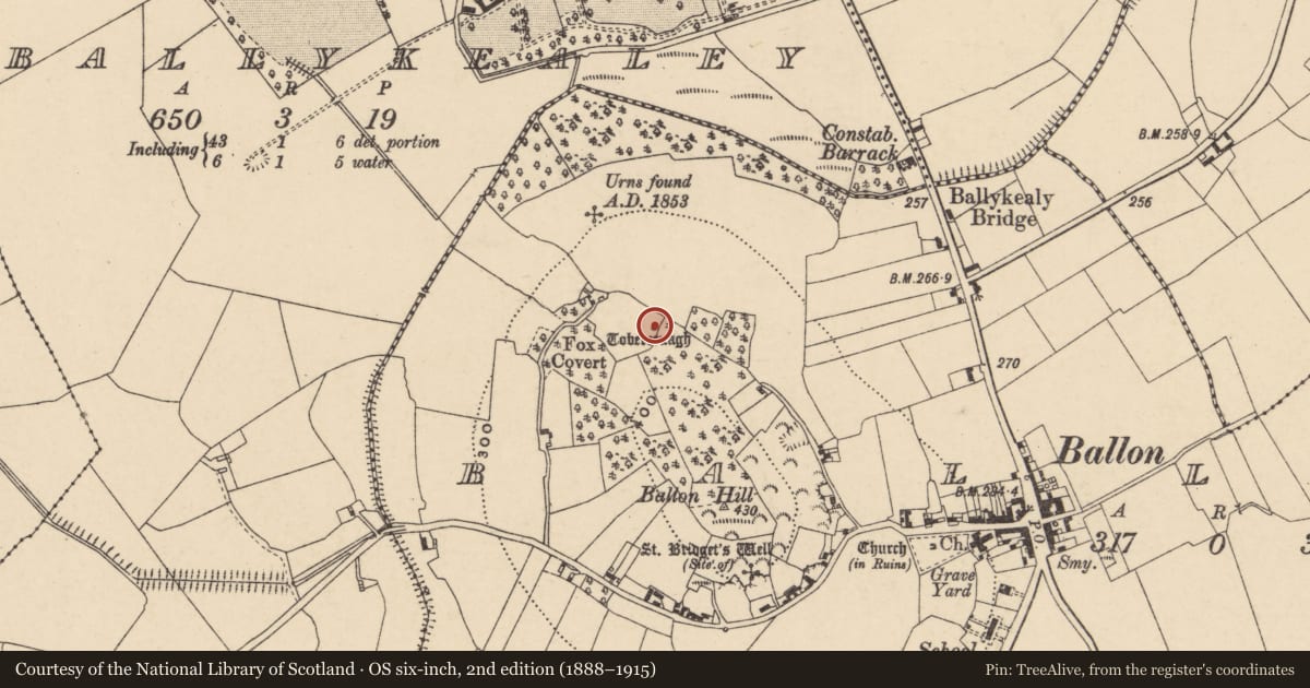 Ordnance Survey six-inch map, 2nd edition (1888–1915) covering the location of Ritual site - holy well, Ballon, County Carlow, with a pin at the register's coordinates