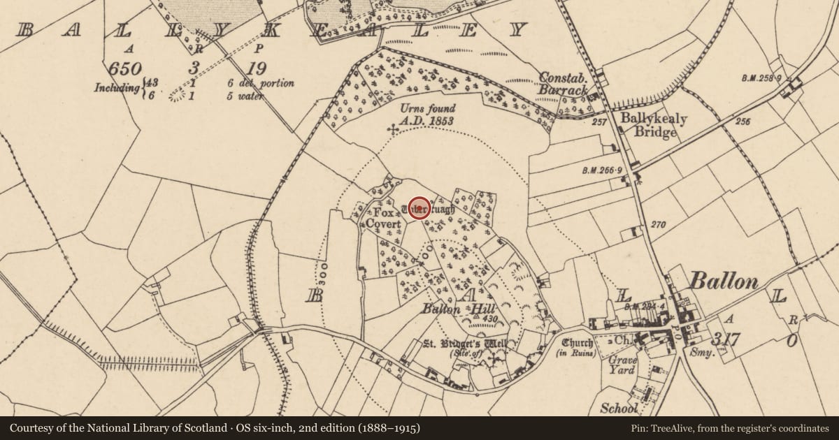 Ordnance Survey six-inch map, 2nd edition (1888–1915) covering the location of Enclosure, Ballon, County Carlow, with a pin at the register's coordinates