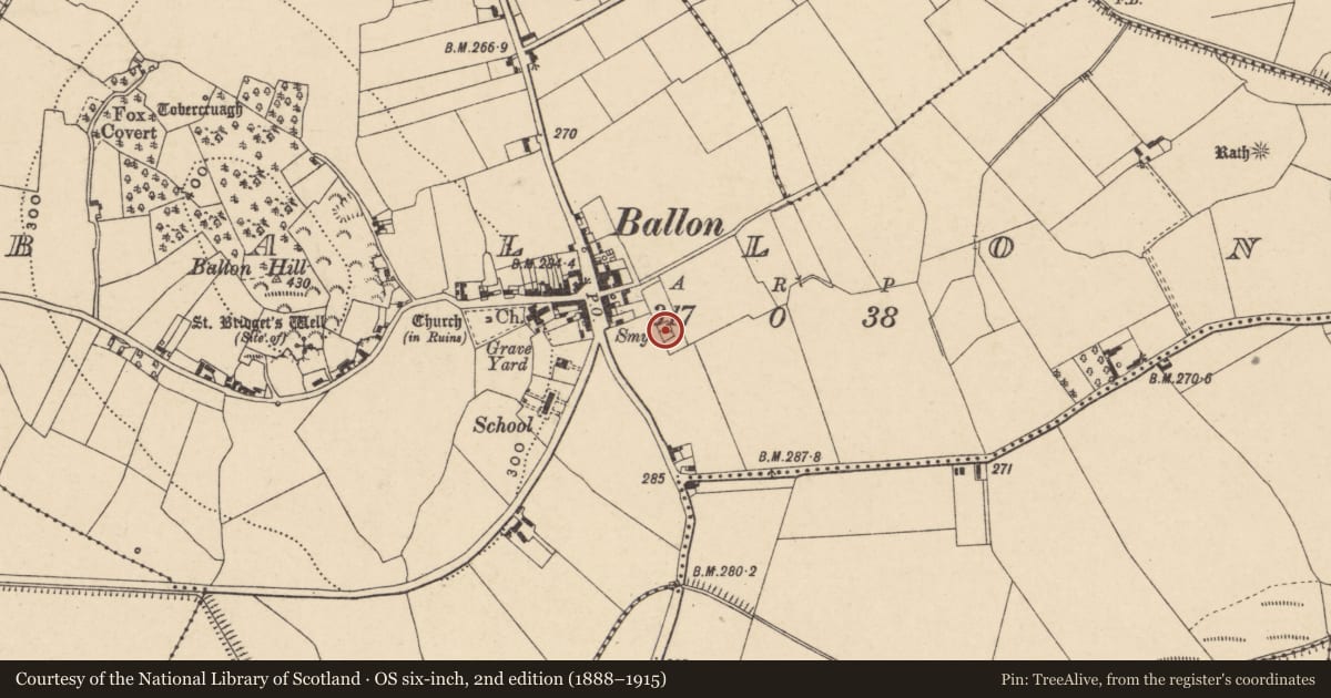 Ordnance Survey six-inch map, 2nd edition (1888–1915) covering the location of Children's burial ground, Ballon, County Carlow, with a pin at the register's coordinates