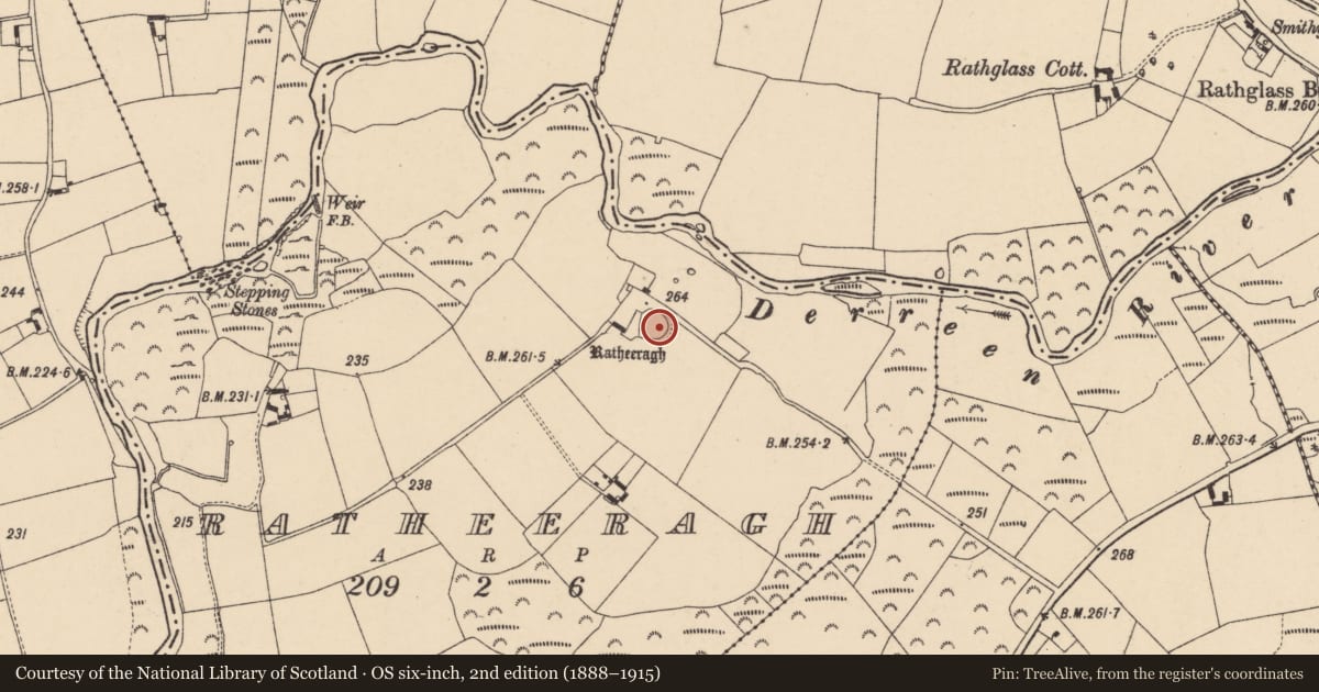 Ordnance Survey six-inch map, 2nd edition (1888–1915) covering the location of Ringfort - rath, Ratheeragh, County Carlow, with a pin at the register's coordinates