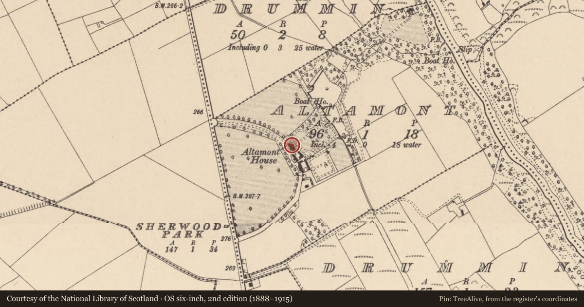 Ordnance Survey six-inch map, 2nd edition (1888–1915) covering the location of House - fortified house, Altamont, County Carlow, with a pin at the register's coordinates