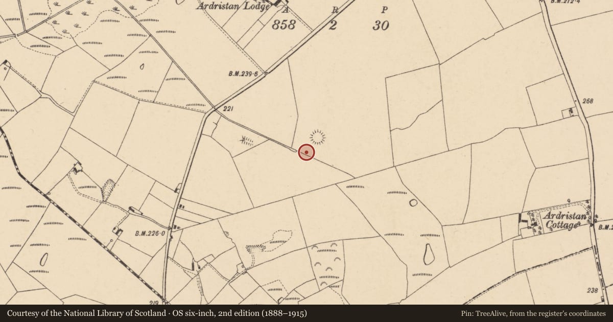 Ordnance Survey six-inch map, 2nd edition (1888–1915) covering the location of Fulacht fia, Ardristan, County Carlow, with a pin at the register's coordinates