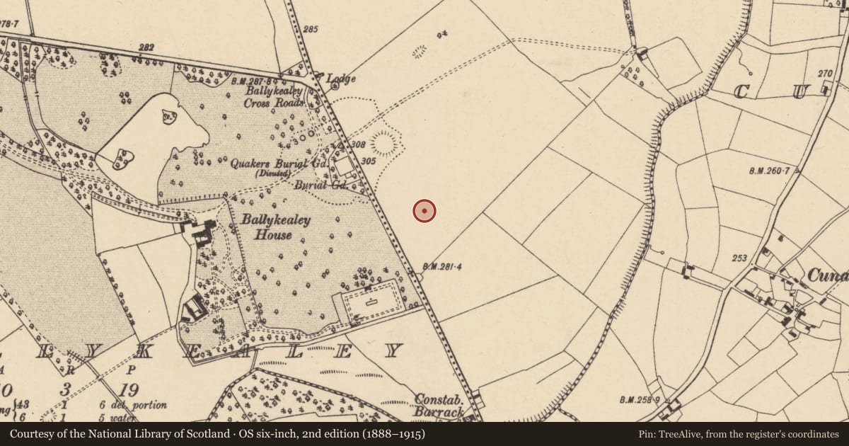 Ordnance Survey six-inch map, 2nd edition (1888–1915) covering the location of Enclosure, Ballinadrum, County Carlow, with a pin at the register's coordinates