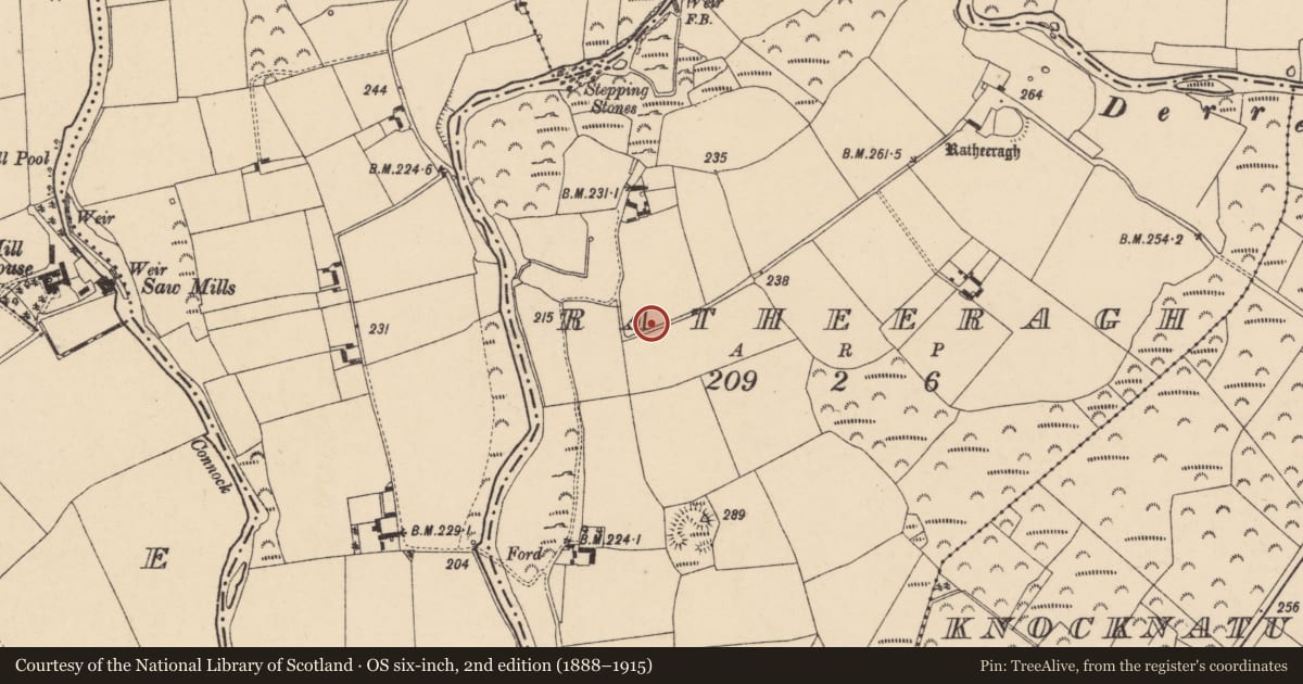 Ordnance Survey six-inch map, 2nd edition (1888–1915) covering the location of Enclosure, Ratheeragh, County Carlow, with a pin at the register's coordinates