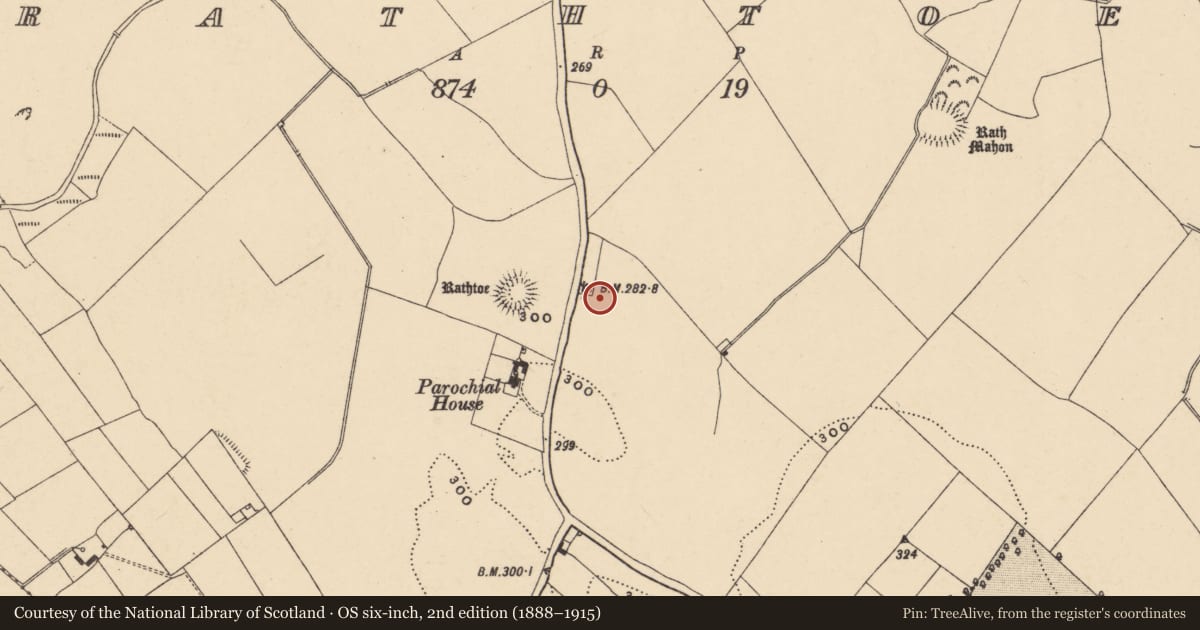 Ordnance Survey six-inch map, 2nd edition (1888–1915) covering the location of Enclosure, Rathtoe, County Carlow, with a pin at the register's coordinates
