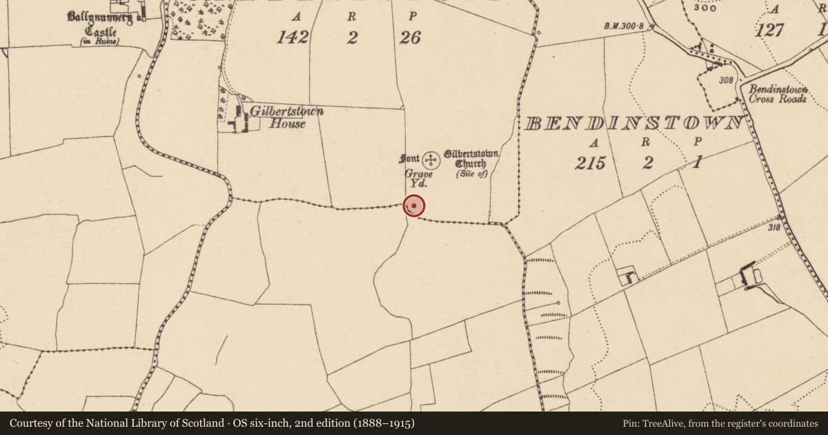 Ordnance Survey six-inch map, 2nd edition (1888–1915) covering the location of Enclosure, Gilbertstown, County Carlow, with a pin at the register's coordinates