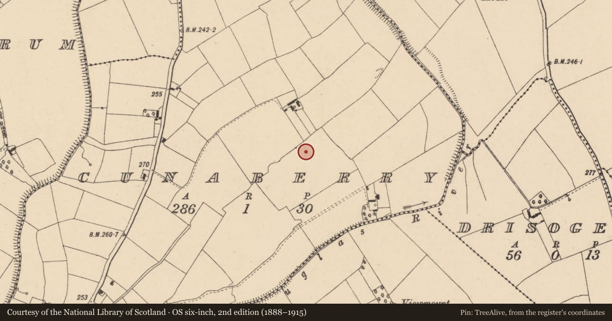 Ordnance Survey six-inch map, 2nd edition (1888–1915) covering the location of Ring-ditch, Cunaberry, County Carlow, with a pin at the register's coordinates