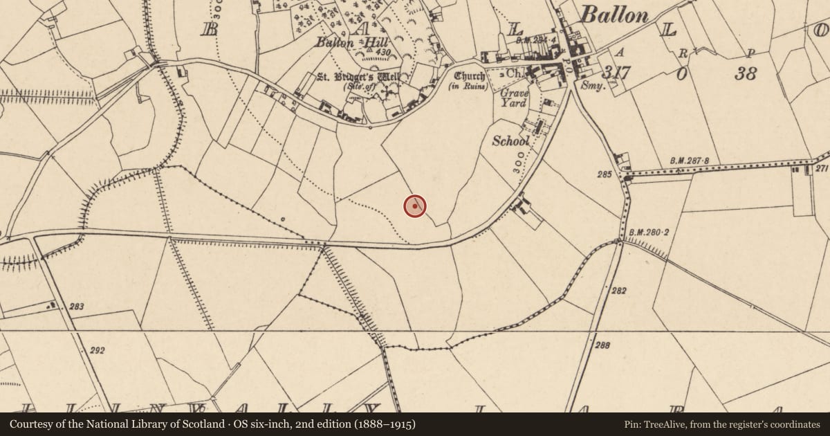 Ordnance Survey six-inch map, 2nd edition (1888–1915) covering the location of Enclosure, Ballon, County Carlow, with a pin at the register's coordinates