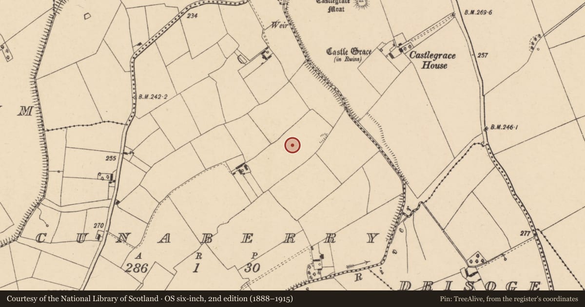 Ordnance Survey six-inch map, 2nd edition (1888–1915) covering the location of Enclosure, Cunaberry, County Carlow, with a pin at the register's coordinates