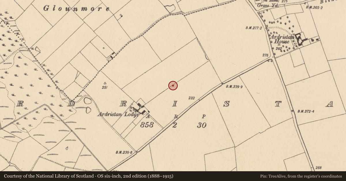 Ordnance Survey six-inch map, 2nd edition (1888–1915) covering the location of Enclosure, Ardristan, County Carlow, with a pin at the register's coordinates