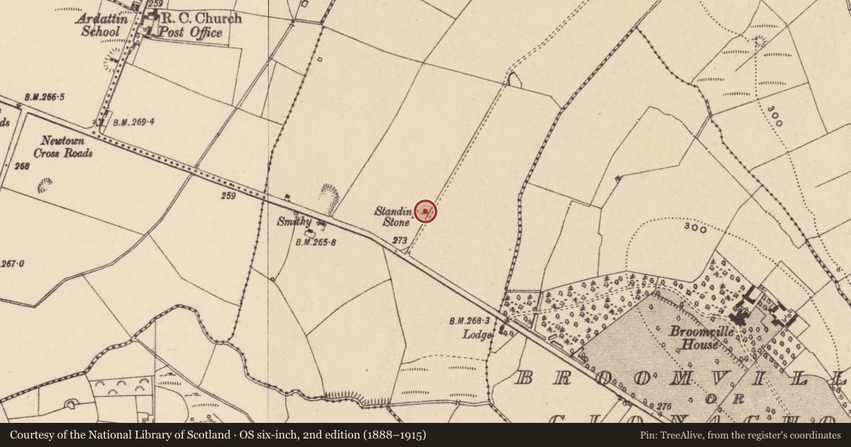 Ordnance Survey six-inch map, 2nd edition (1888–1915) covering the location of Standing stone, Craans, County Carlow, with a pin at the register's coordinates