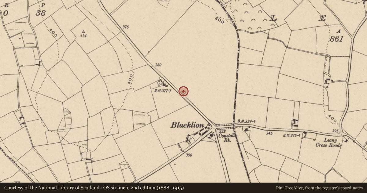 Ordnance Survey six-inch map, 2nd edition (1888–1915) covering the location of Barrow - mound barrow, Craans, County Carlow, with a pin at the register's coordinates