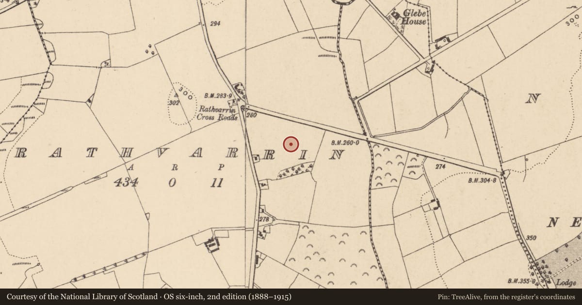 Ordnance Survey six-inch map, 2nd edition (1888–1915) covering the location of Burnt spread, Rathvarrin, County Carlow, with a pin at the register's coordinates