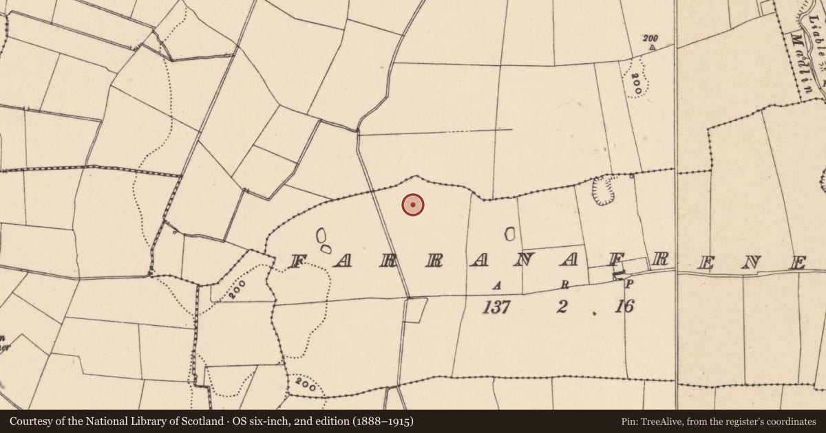 Ordnance Survey six-inch map, 2nd edition (1888–1915) covering the location of Enclosure, Farranafreney, County Carlow, with a pin at the register's coordinates