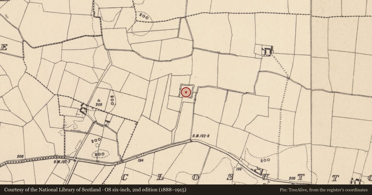 Ordnance Survey six-inch map, 2nd edition (1888–1915) covering the location of Moated site, Closutton, County Carlow, with a pin at the register's coordinates