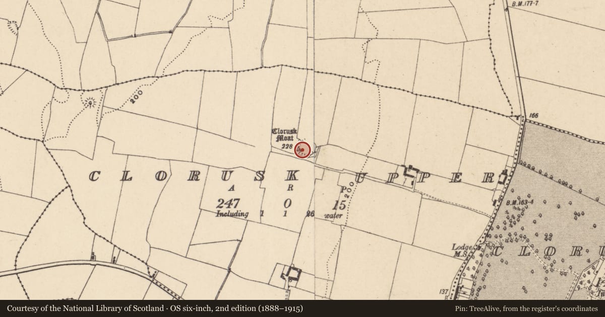 Ordnance Survey six-inch map, 2nd edition (1888–1915) covering the location of Ringfort - rath, Clorusk Upper, County Carlow, with a pin at the register's coordinates