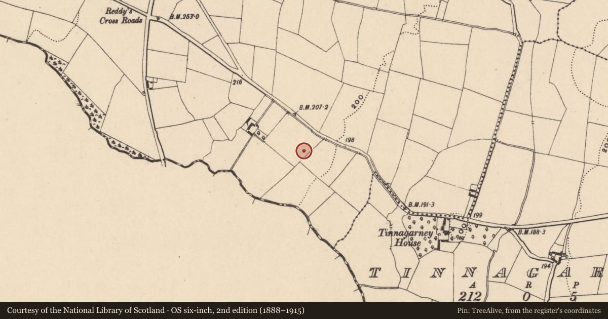 Ordnance Survey six-inch map, 2nd edition (1888–1915) covering the location of Fulacht fia, Moanmore, County Carlow, with a pin at the register's coordinates