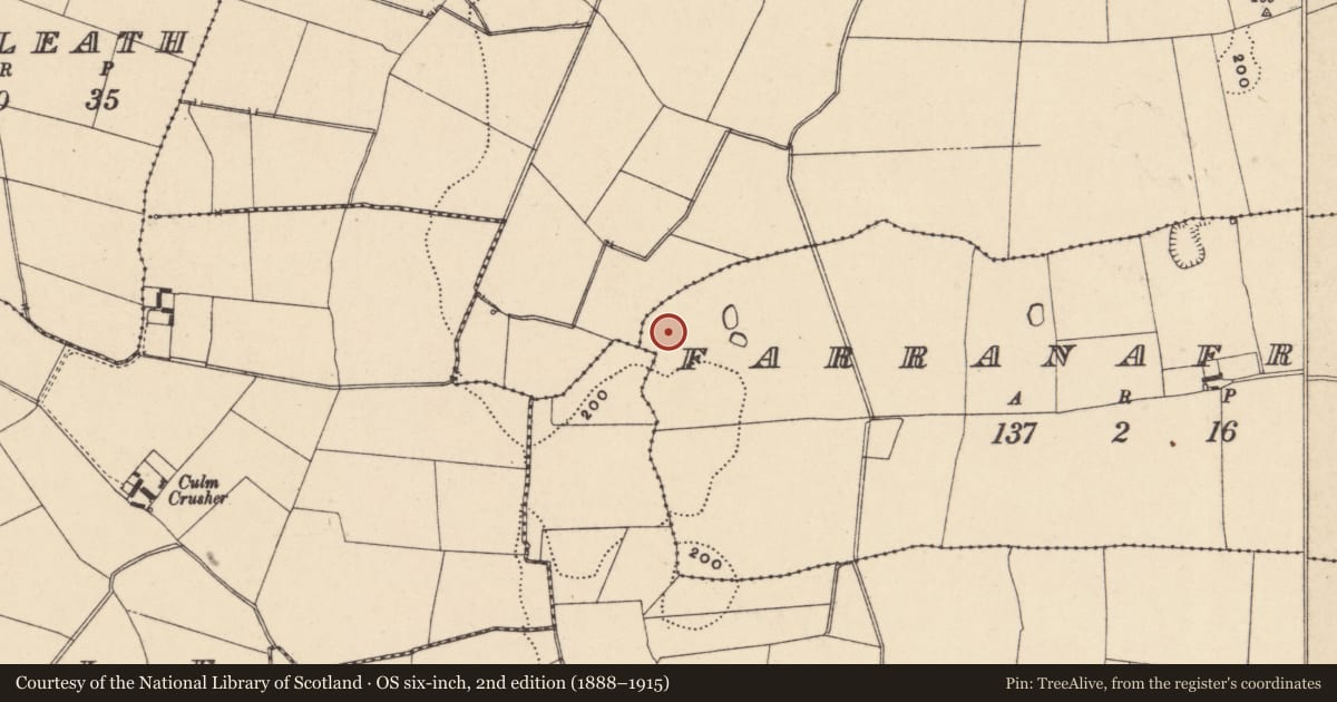 Ordnance Survey six-inch map, 2nd edition (1888–1915) covering the location of Enclosure, Farranafreney, County Carlow, with a pin at the register's coordinates