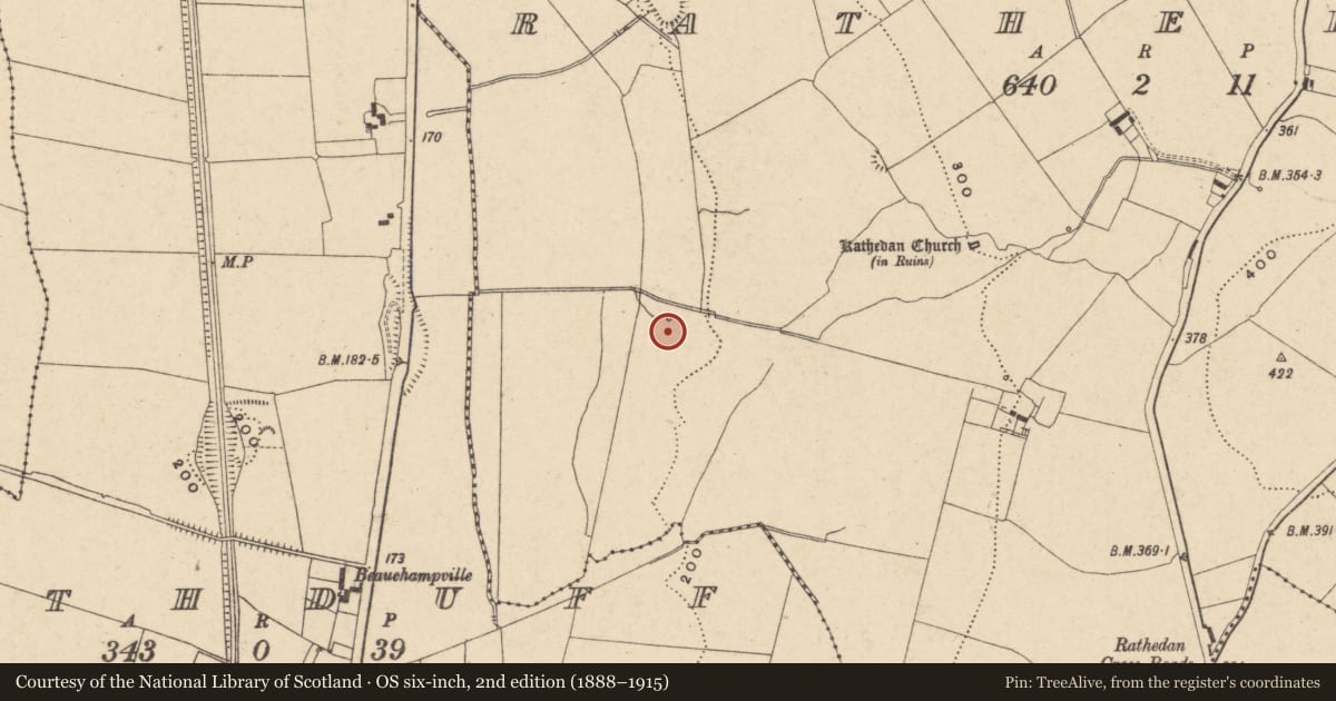 Ordnance Survey six-inch map, 2nd edition (1888–1915) covering the location of Ritual site - holy well, Rathedan, County Carlow, with a pin at the register's coordinates
