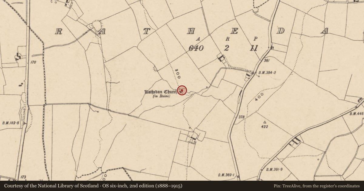 Ordnance Survey six-inch map, 2nd edition (1888–1915) covering the location of Church, Rathedan, County Carlow, with a pin at the register's coordinates